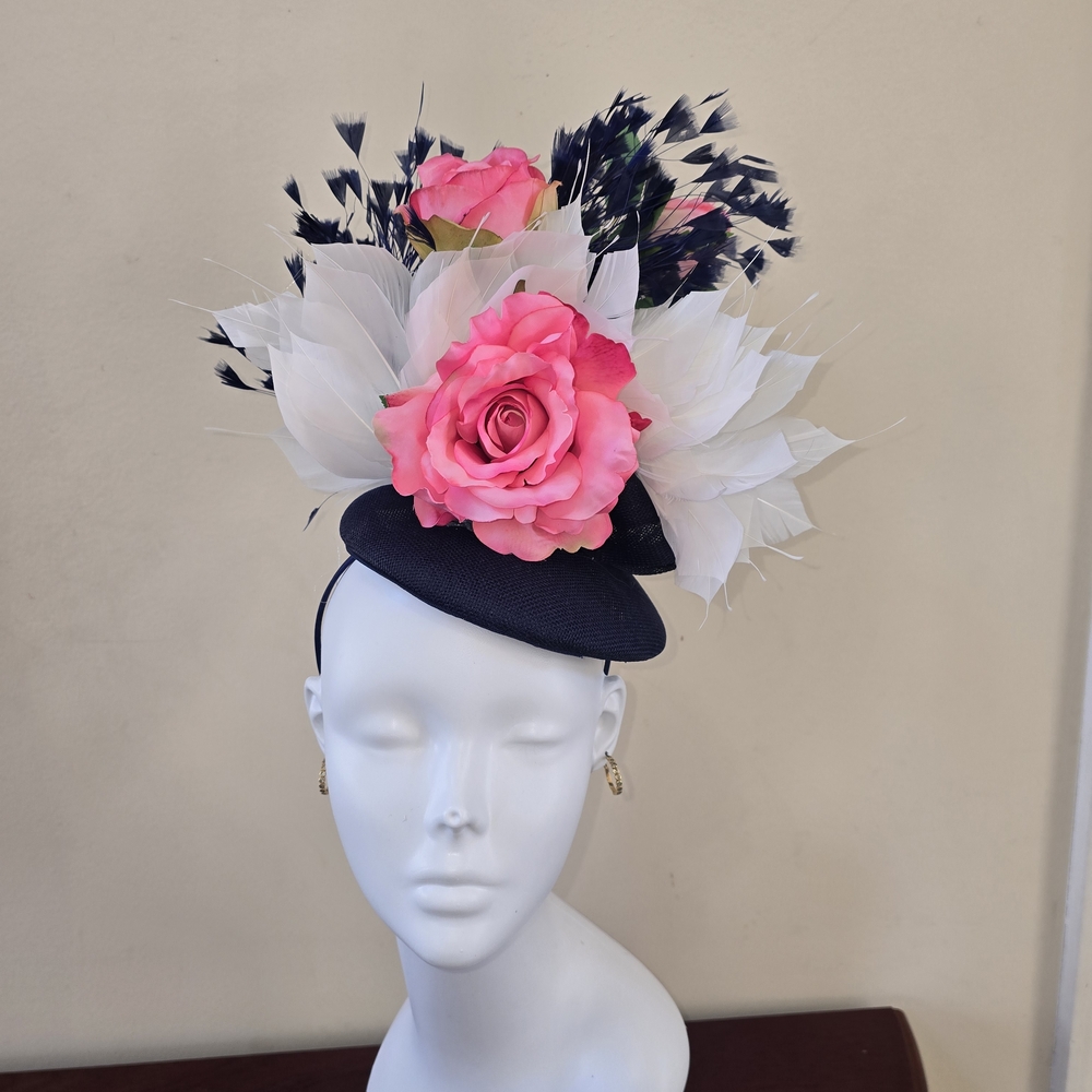 Navy Fascinator Headpiece with Pink Roses